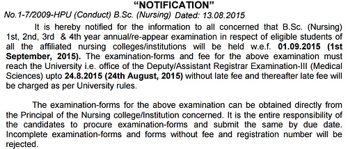 HPU-BSC-Nursing-Exams-September-2015-Notification