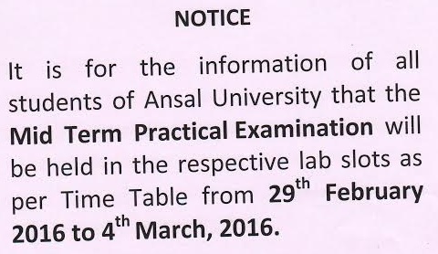 Ansal-University-Mid-Term-Practical-Exams-2016