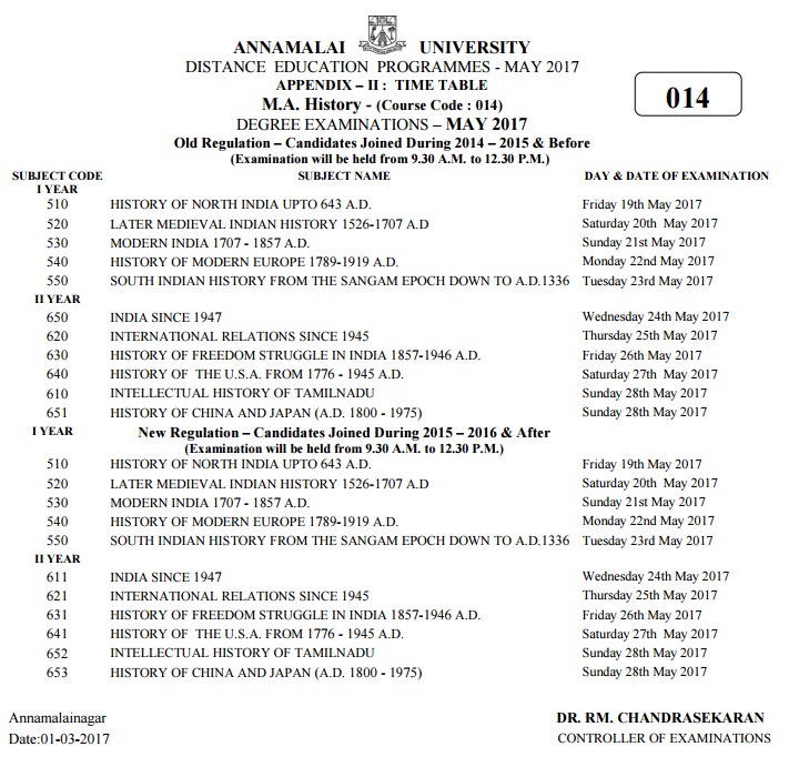 Annamalai-University-MA-History-Time-Table-2017